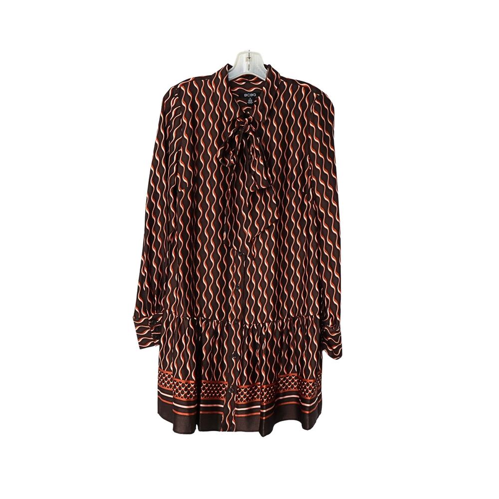 Satin Tie-Neck Long-Sleeve Shift Dress - Brown - 8